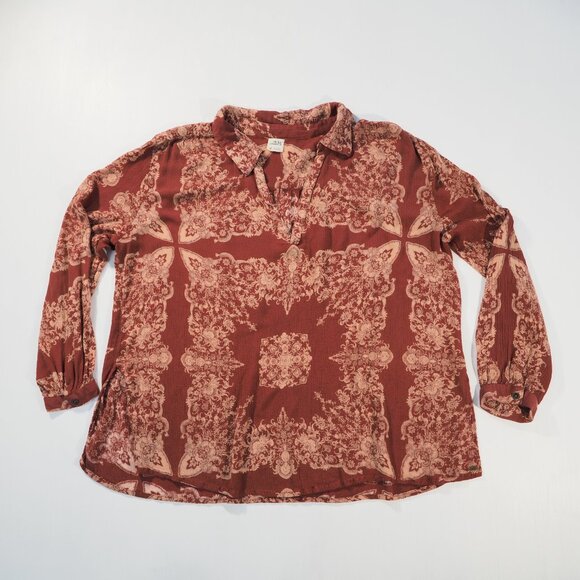 ONeill Shirt Womens Medium Red Pink Henley Tunic Loose Flowy Boho Hippie Fairy - Picture 8 of 8